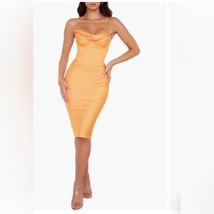 House of CB Myrna Tangerine Satin Corset Midi Dress